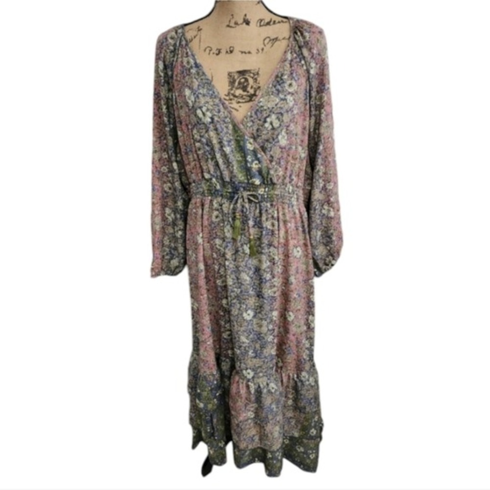 Revolve x boemo Floral Maxi Dress Tiered Ruffle V Neck Smocked Waist Tie Belt 3X - Picture 2 of 9
